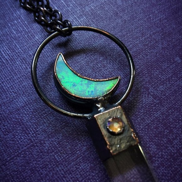 Quartz, Monarch Opal Crescent Moon Necklace in Electroformed Copper by Query Eve - Picture 4 of 10